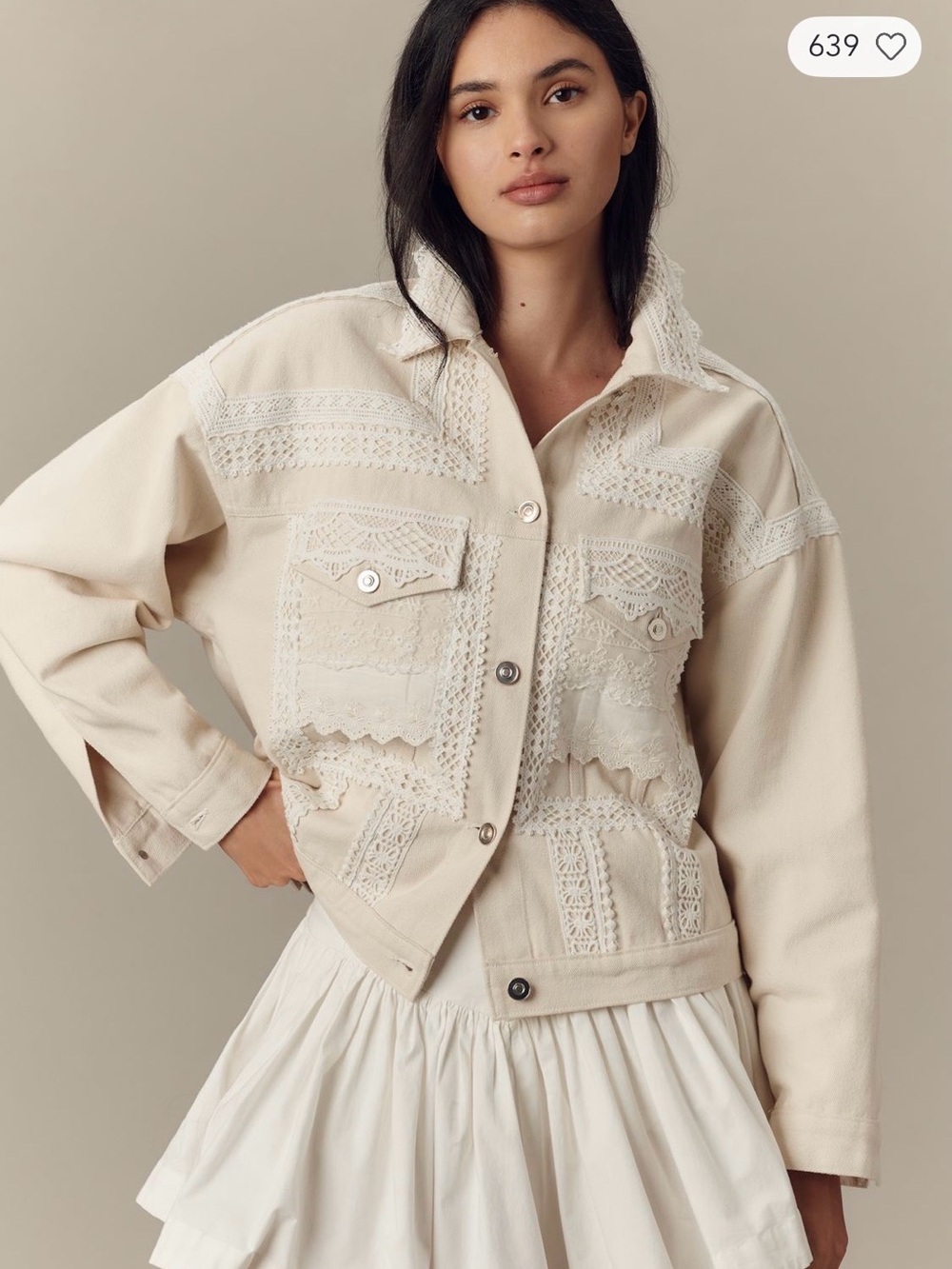 Anthropologie Cream Lace-Trim Jean Jacket